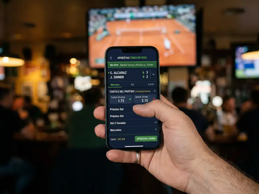 Mano sosteniendo un smartphone con cuotas de tenis en vivo actualizándose en tiempo real en pantalla