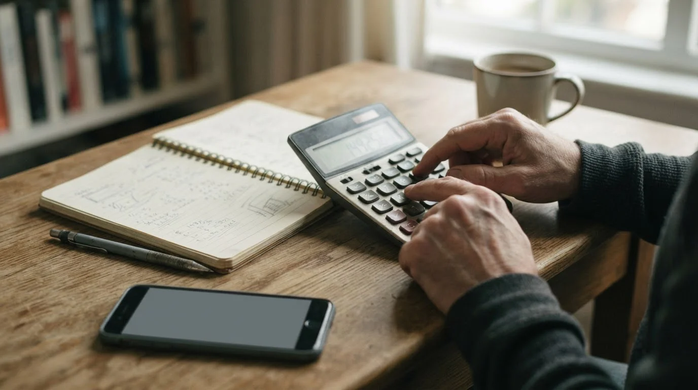 Calculadora y cuaderno junto a un móvil con la pantalla en blanco
