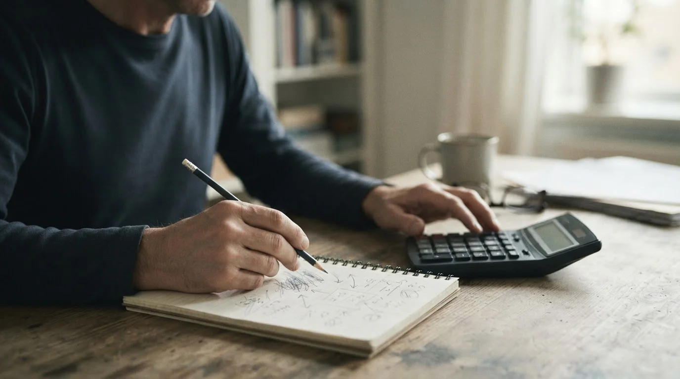 Manos con lápiz y calculadora junto a un cuaderno de cálculos