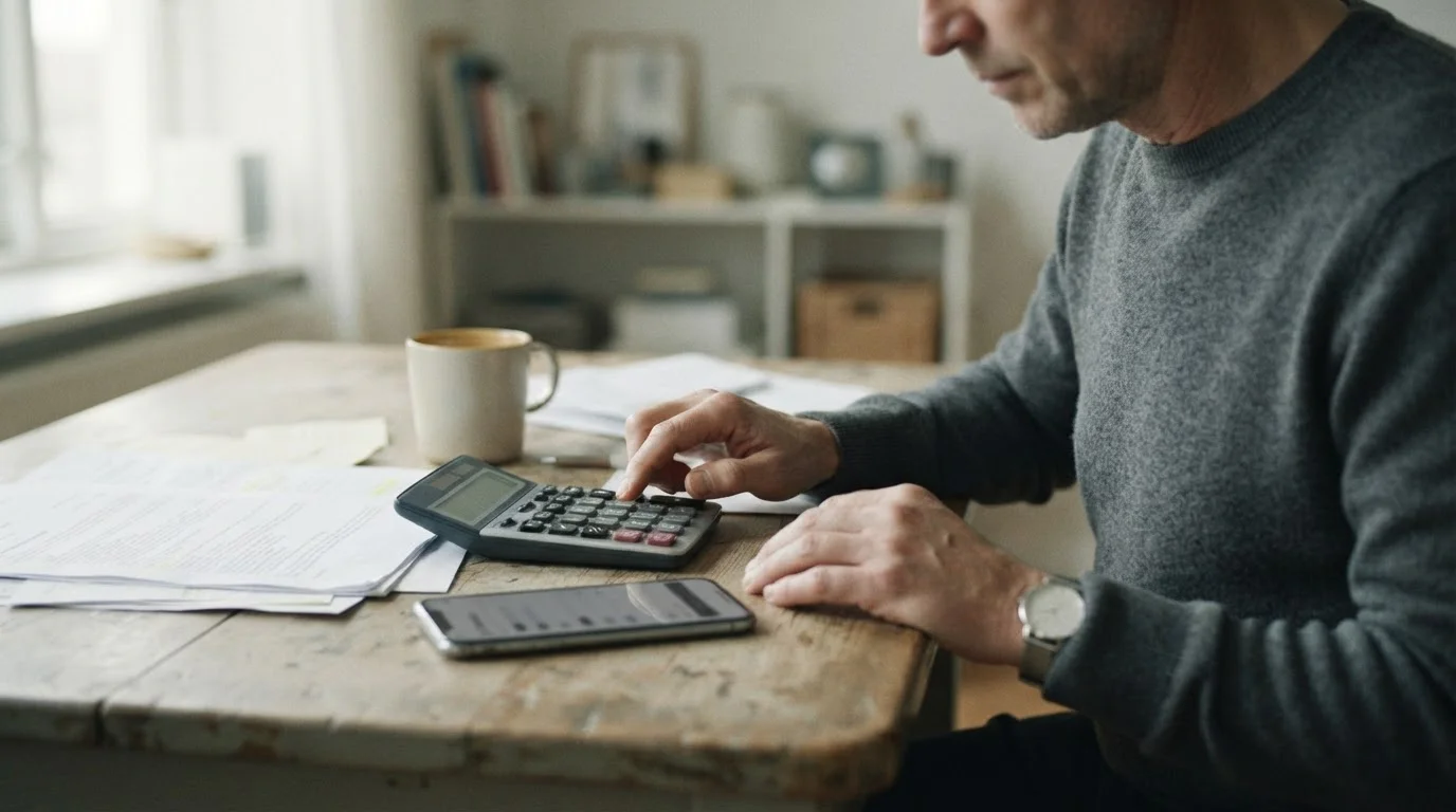 Manos con una calculadora junto a un móvil y unas condiciones impresas