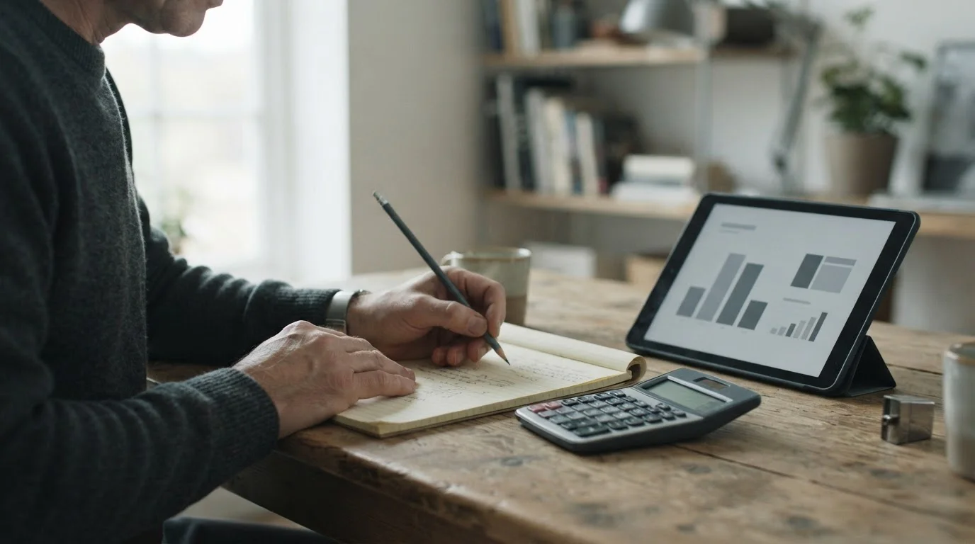 Manos anotando cálculos junto a una calculadora y una tableta