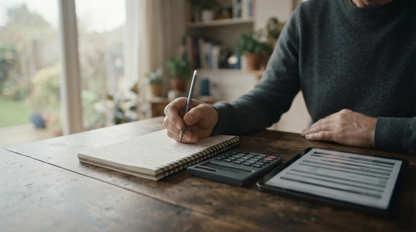 Manos con un lápiz sobre un cuaderno junto a una calculadora y una tableta