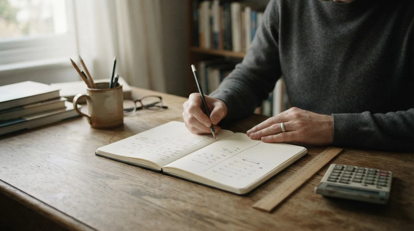 Cuaderno con columnas divididas a mano, lápiz, regla y calculadora sobre un escritorio