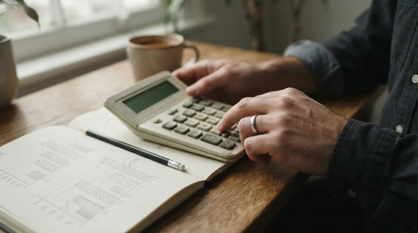 Manos con una calculadora y un cuaderno con diagramas de barras