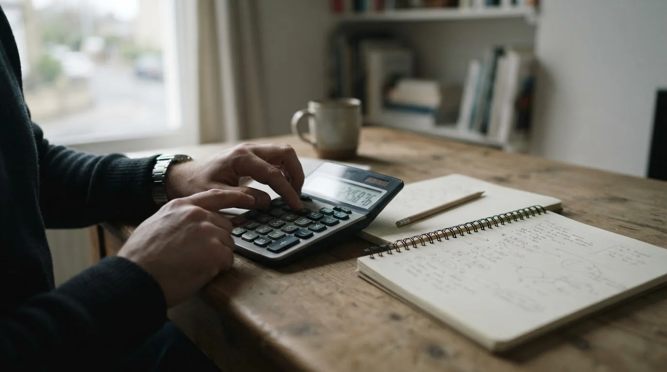 Manos con una calculadora junto a un cuaderno con anotaciones a lápiz