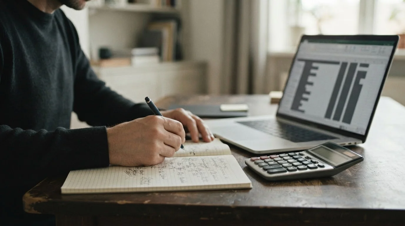 Manos anotando cálculos en una libreta junto a una calculadora