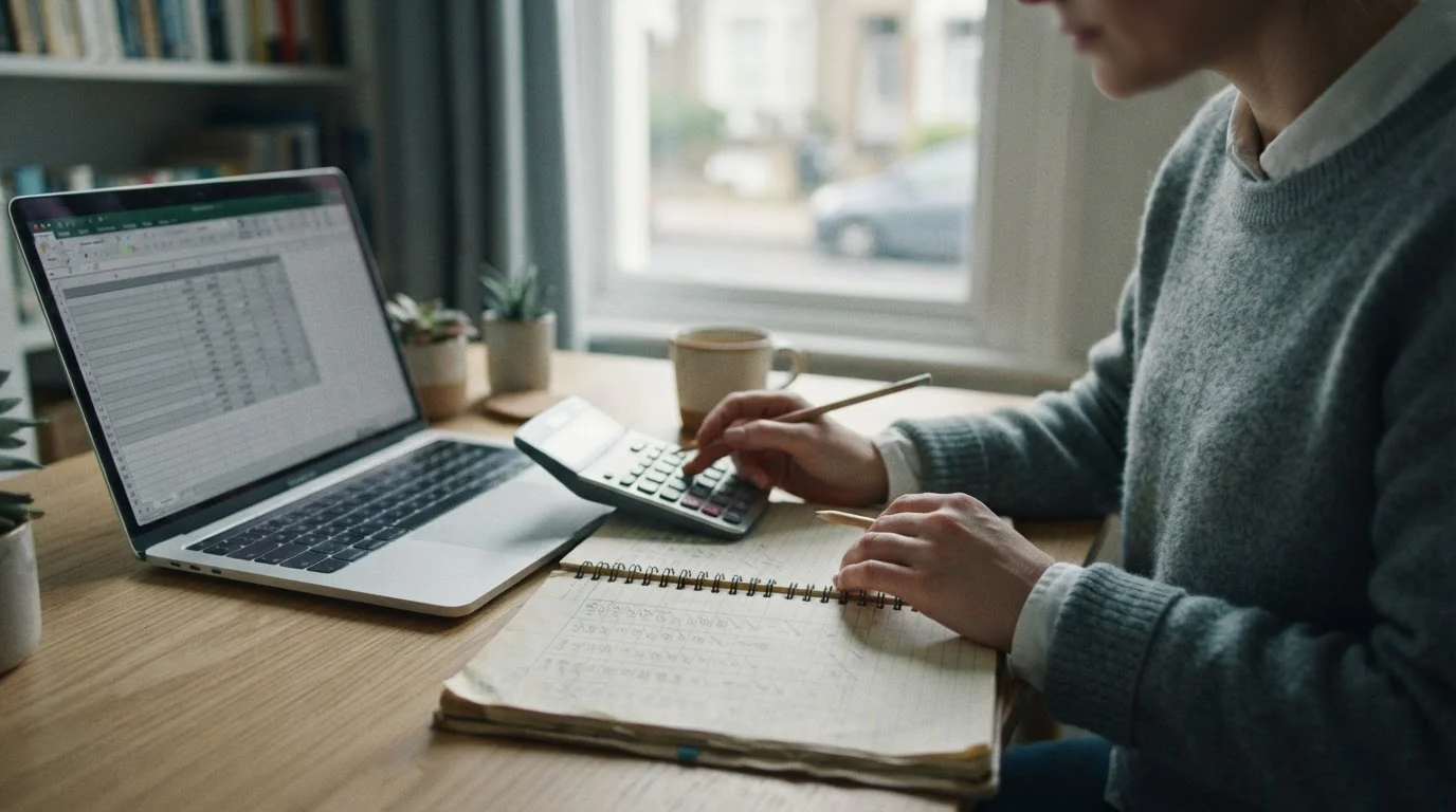 Manos con calculadora y lápiz sobre un cuaderno junto a un portátil