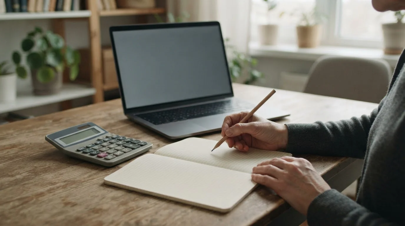 Manos con un lápiz sobre un cuaderno junto a una calculadora