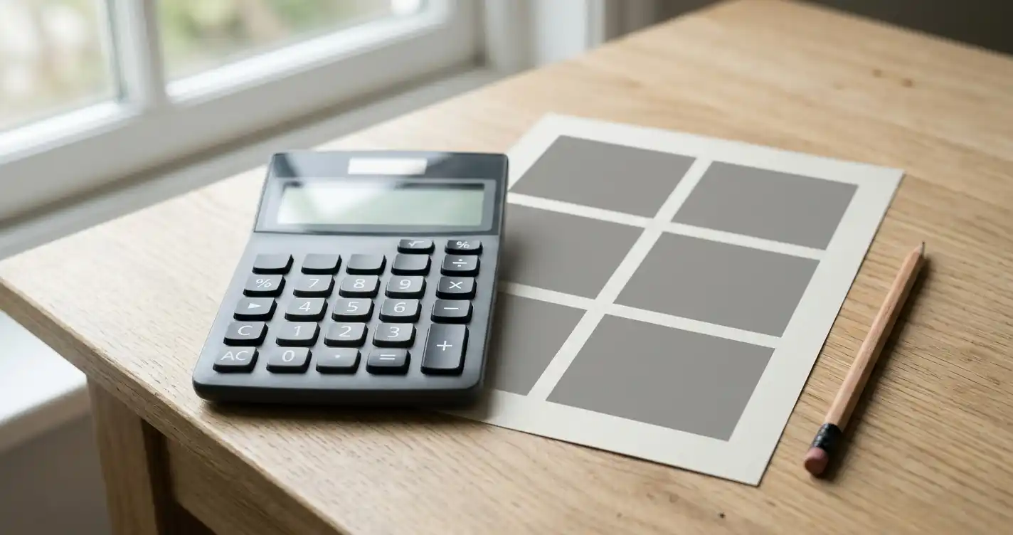 Calculadora junto a una hoja con bloques grises y un lápiz