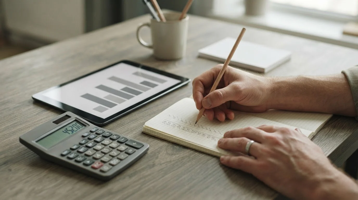 Manos con lápiz y calculadora junto a una libreta cuadriculada