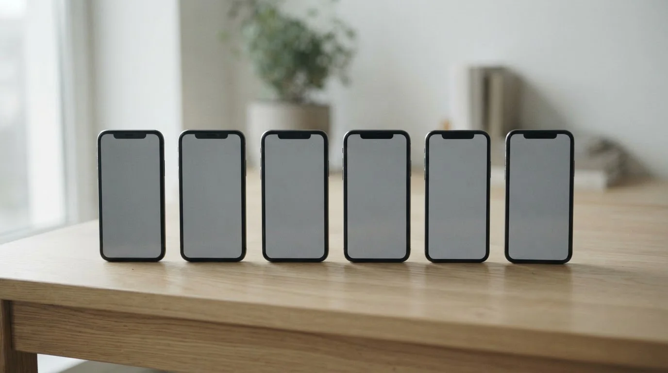 Seis teléfonos móviles alineados sobre un escritorio con pantallas neutras