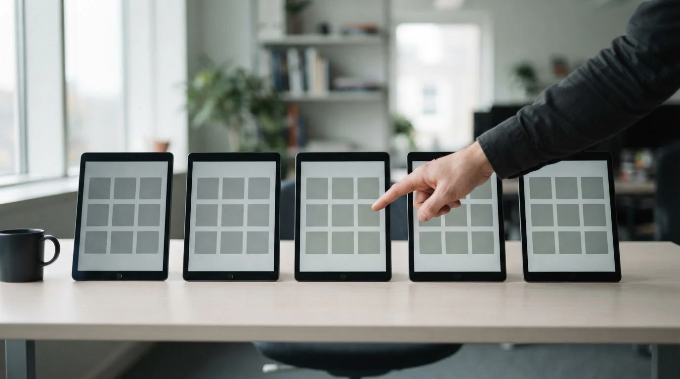 Cinco tabletas iguales con interfaces neutras sobre un escritorio claro