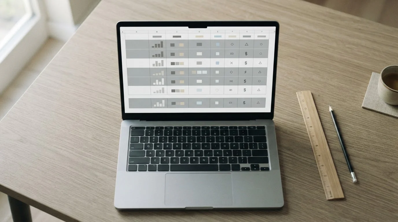 Tabla comparativa sin nombres con nueve filas en la pantalla de un portátil