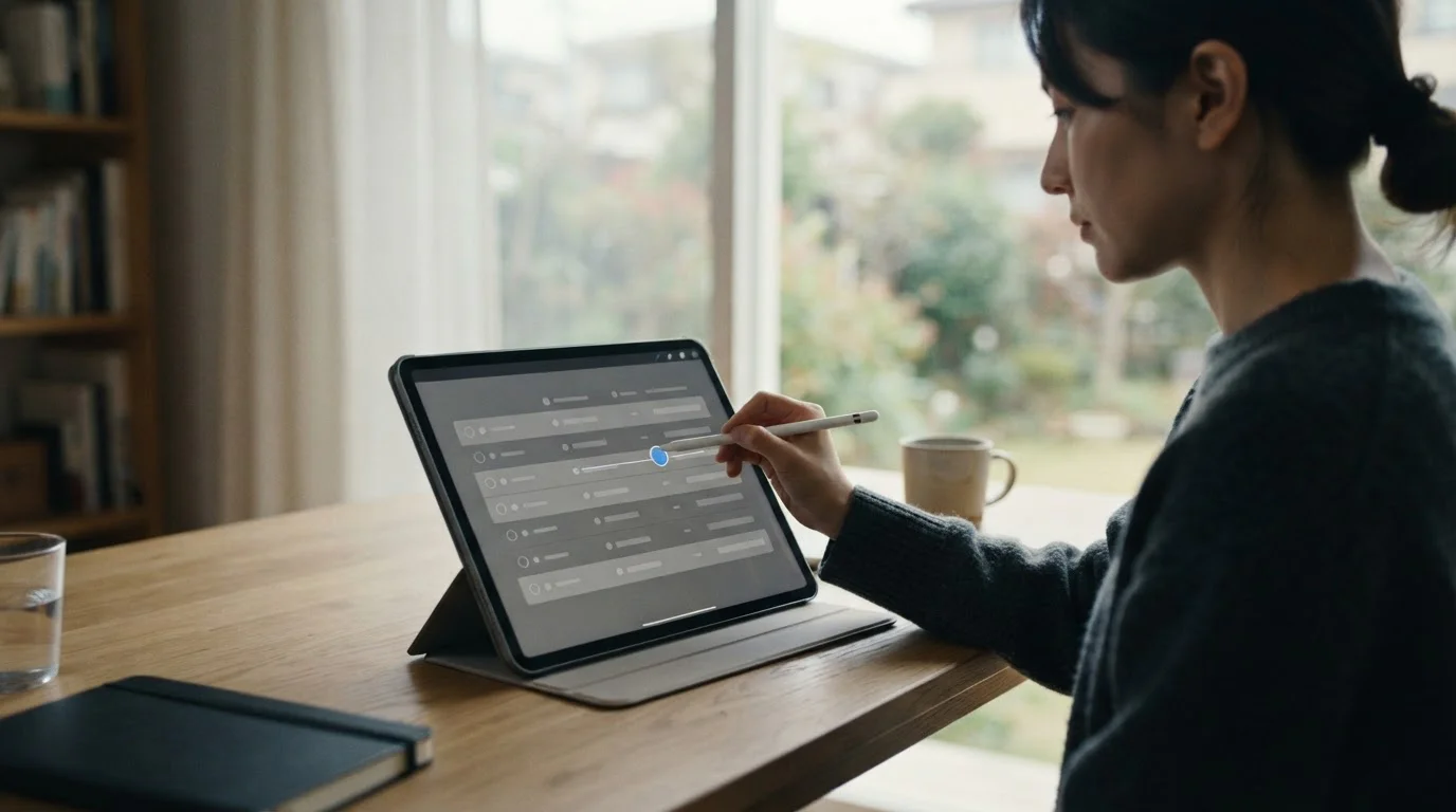 Mano ajustando un control deslizante en una tablet con una tabla comparativa neutra