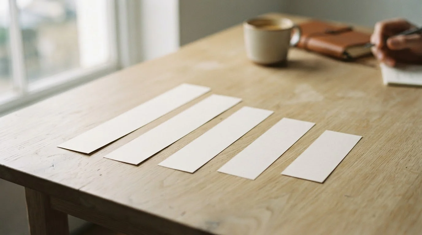 Cinco tiras de papel de longitud decreciente alineadas sobre una mesa