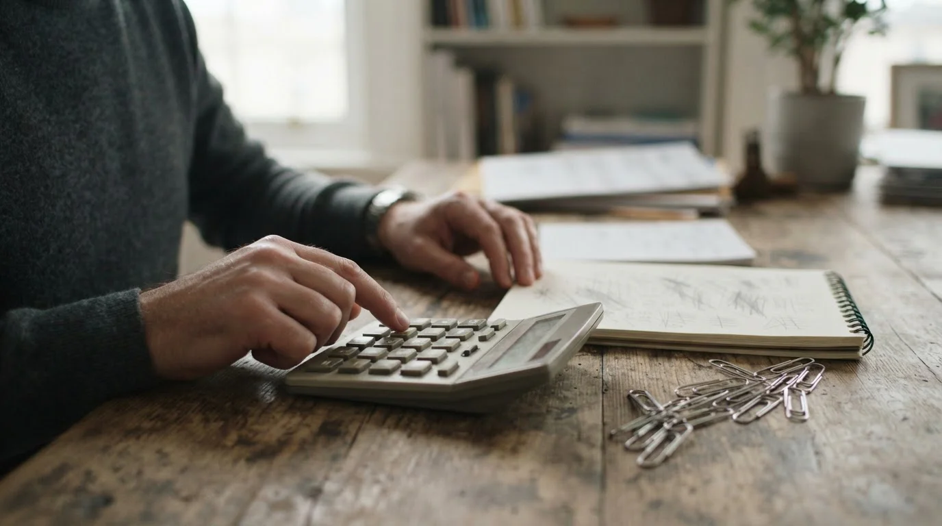 Manos con una calculadora junto a un cuaderno y una cadena de clips
