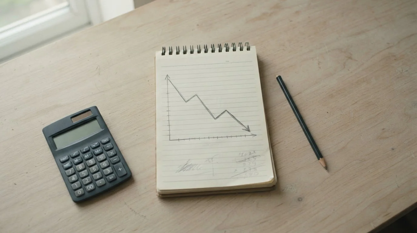 Gráfico sin etiquetas con una línea descendente dibujada en un cuaderno