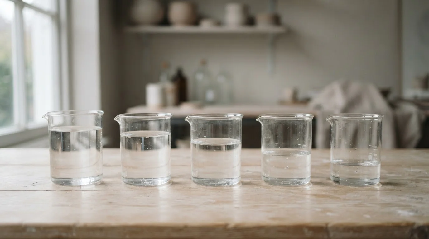 Cinco vasos en fila con cada vez menos agua, metáfora del margen acumulado