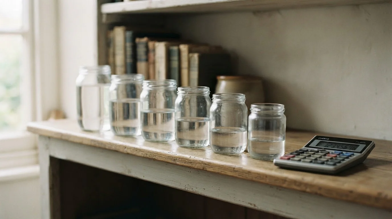 Hilera de frascos de vidrio con cada vez menos agua junto a una calculadora
