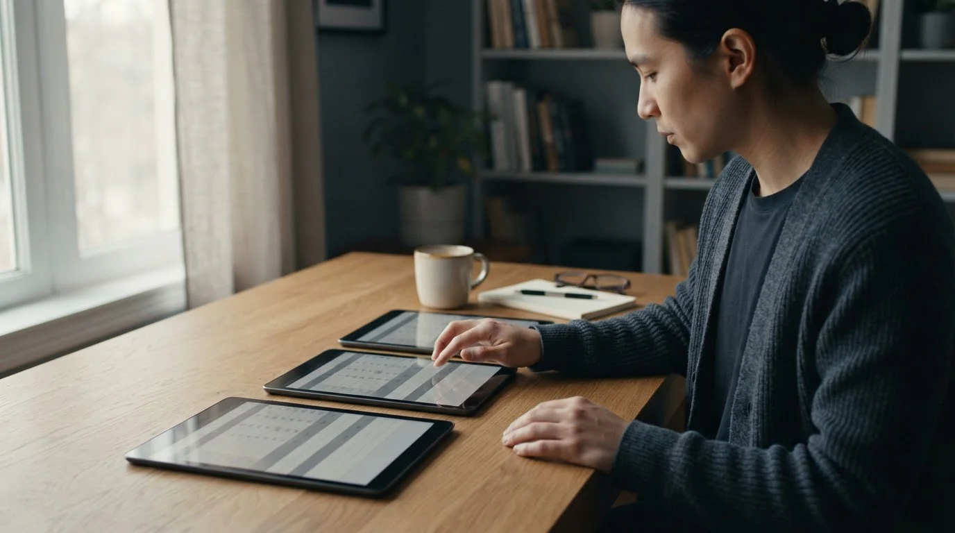 Tres tabletas con tablas de estadísticas comparadas sobre una mesa