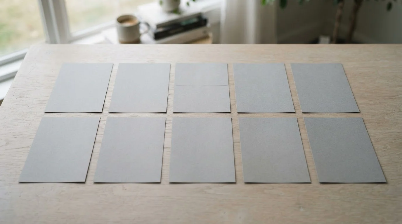 Diez hojas en blanco ordenadas en cuadrícula sobre una mesa clara