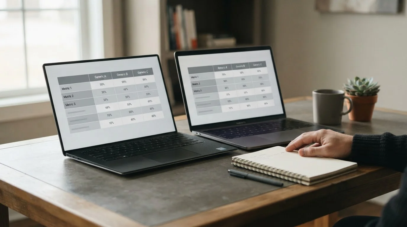 Dos portátiles con tablas comparativas sin marca sobre un escritorio