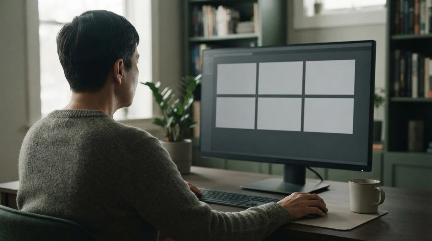 Persona de espaldas comparando seis paneles en blanco en un monitor