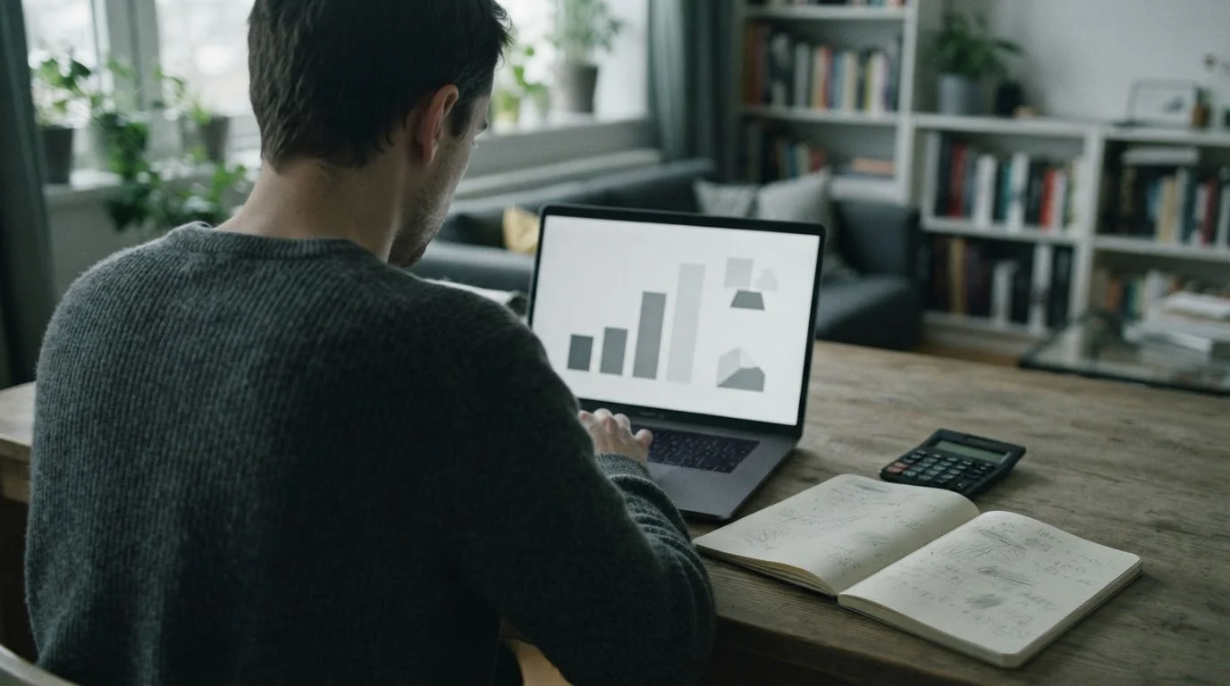Cuaderno con anotaciones y portátil con un gráfico neutro sobre una mesa
