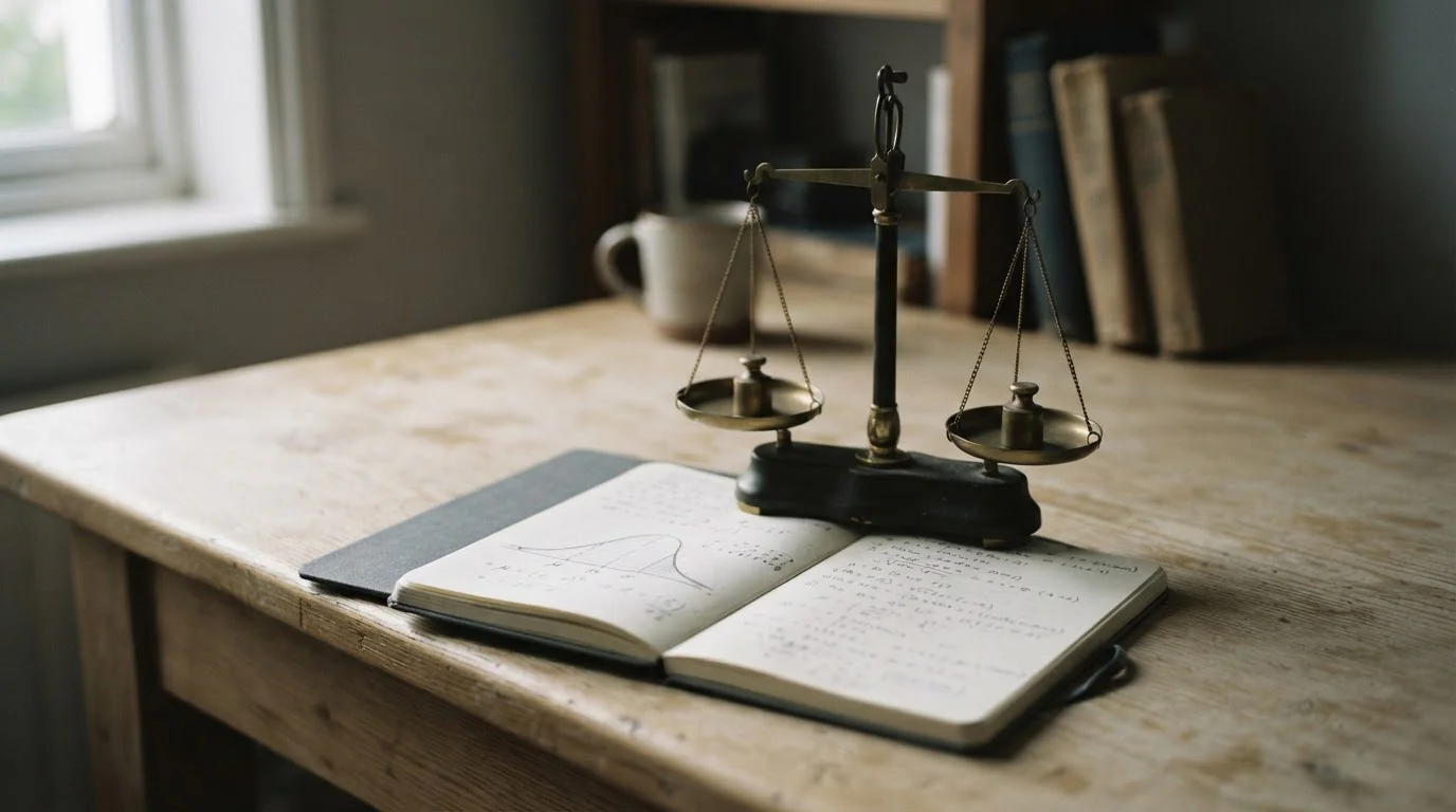 Balanza junto a un cuaderno con una curva de probabilidad