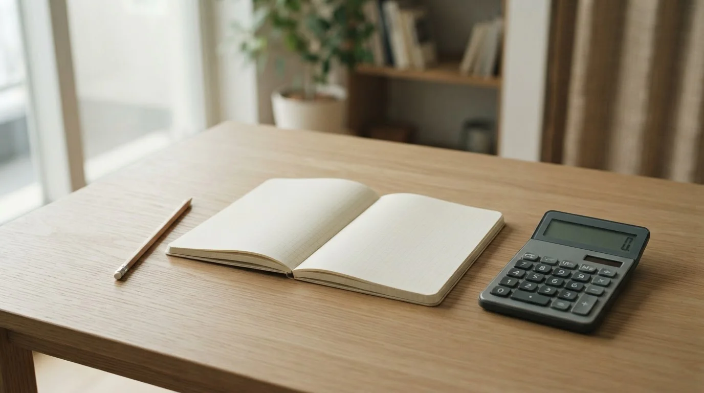 Cuaderno cuadriculado, lápiz y calculadora sobre una mesa clara
