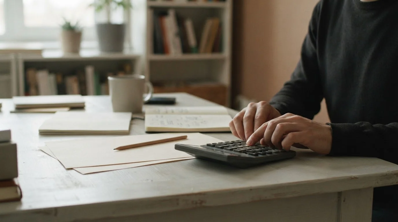 Manos con una calculadora junto a formularios en blanco