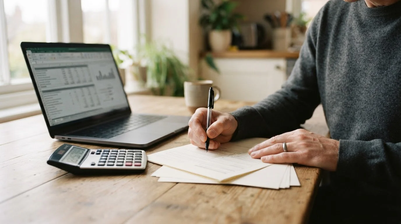 Manos rellenando formularios fiscales en blanco junto a una calculadora