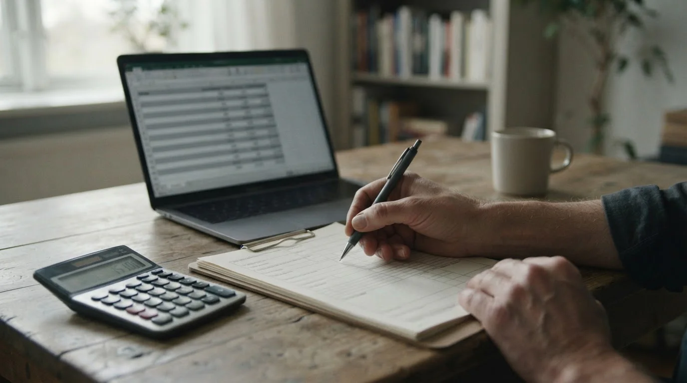 Manos rellenando formularios fiscales en blanco junto a una calculadora
