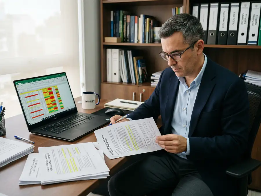Analista de integridad deportiva revisando documentos y pantallas con datos de partidos de tenis monitorizados