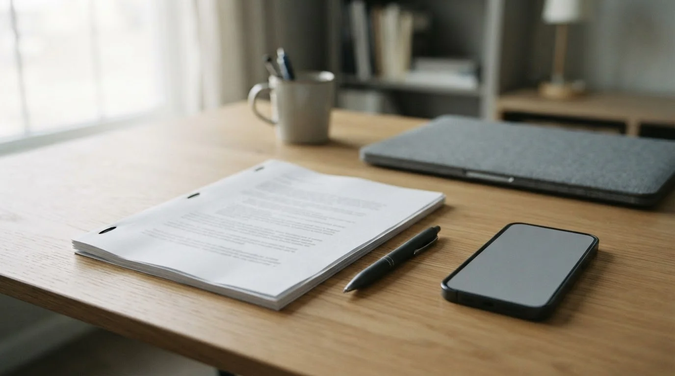 Documento normativo grapado y móvil con pantalla vacía sobre un escritorio