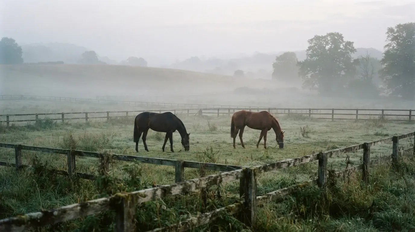 Caballos de carreras pastando en un prado al amanecer