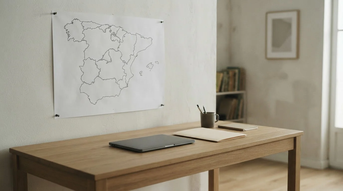 Carpeta de documentos y portátil cerrado junto a un mapa de España