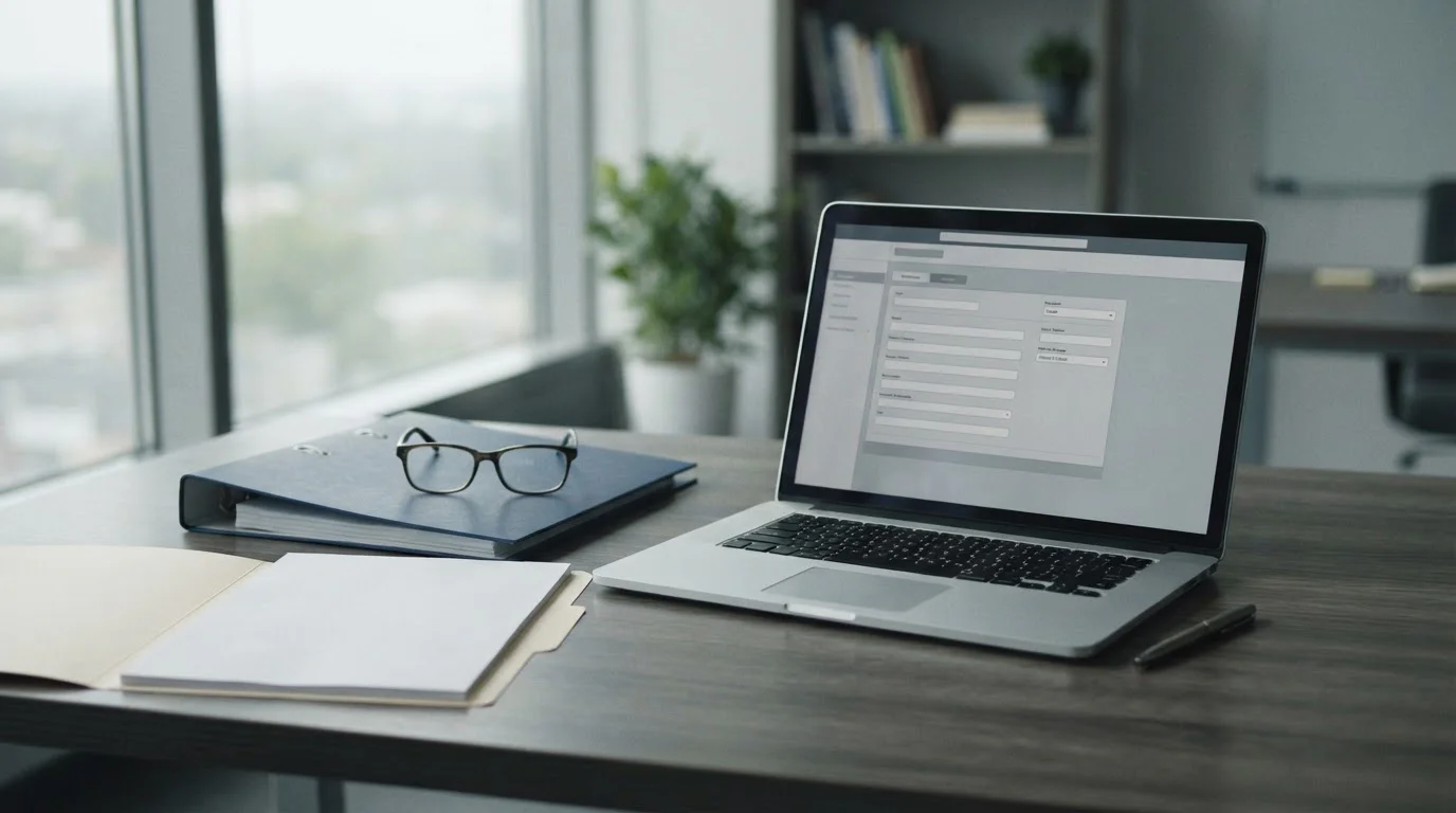 Documentos en blanco y portátil con formularios sobre un escritorio de oficina