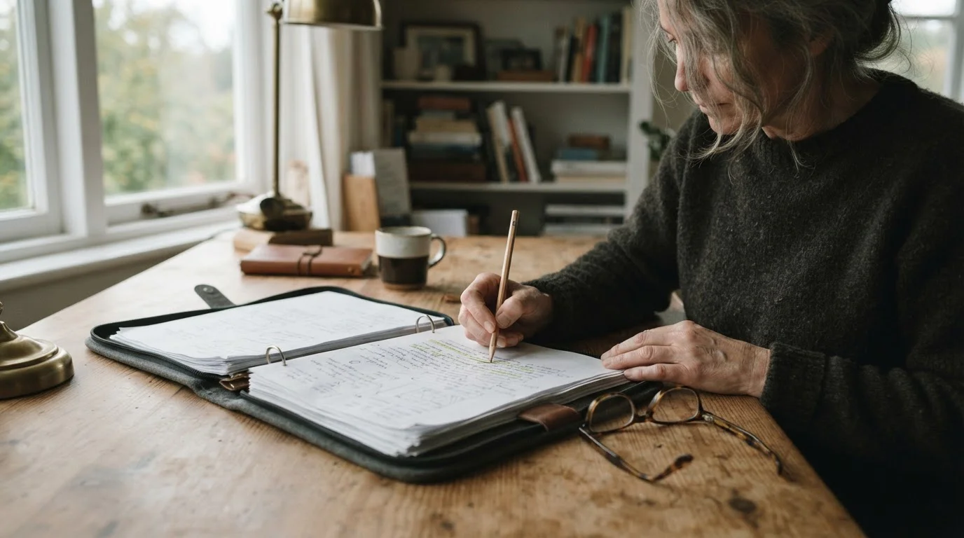 Mano que marca un párrafo de un documento legal sobre un escritorio
