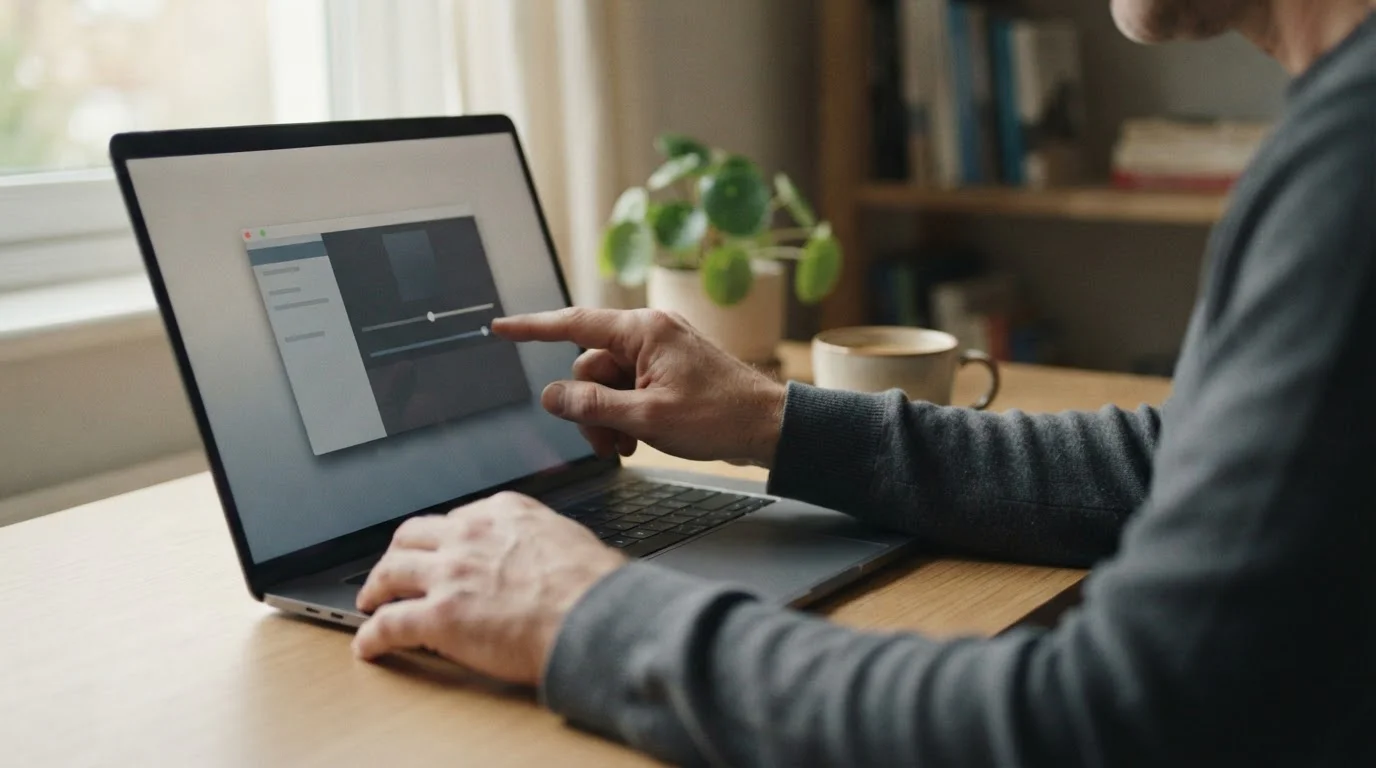 Manos ajustando un control deslizante en la pantalla de configuración de un portátil