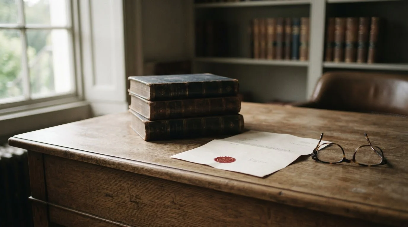 Libros de derecho y un documento sellado sobre un escritorio de roble