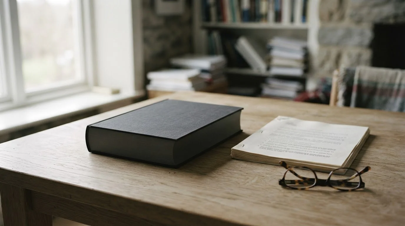 Volumen normativo y documento grapado junto a unas gafas sobre una mesa de roble