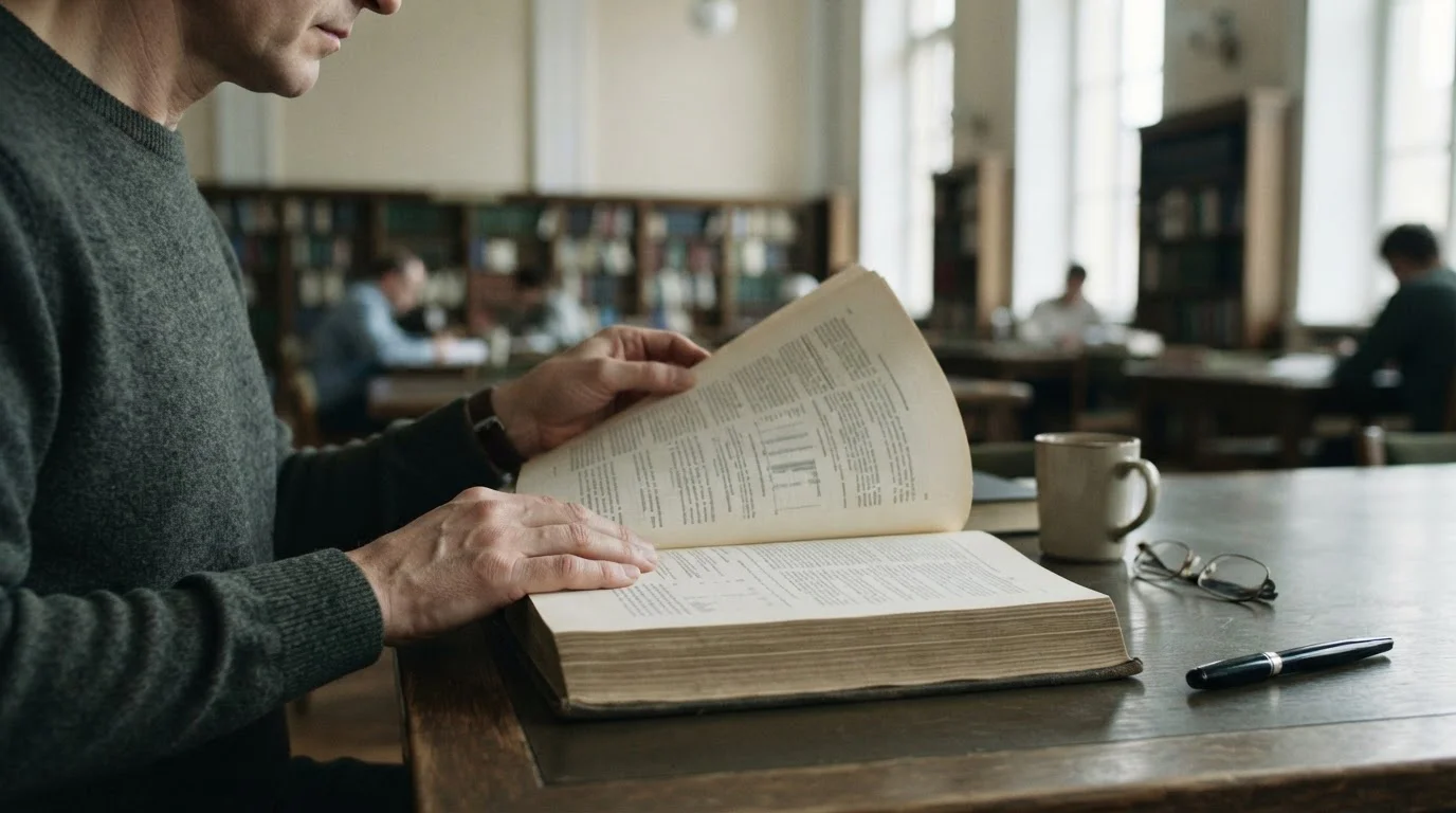Lectura de un documento normativo en una mesa de biblioteca