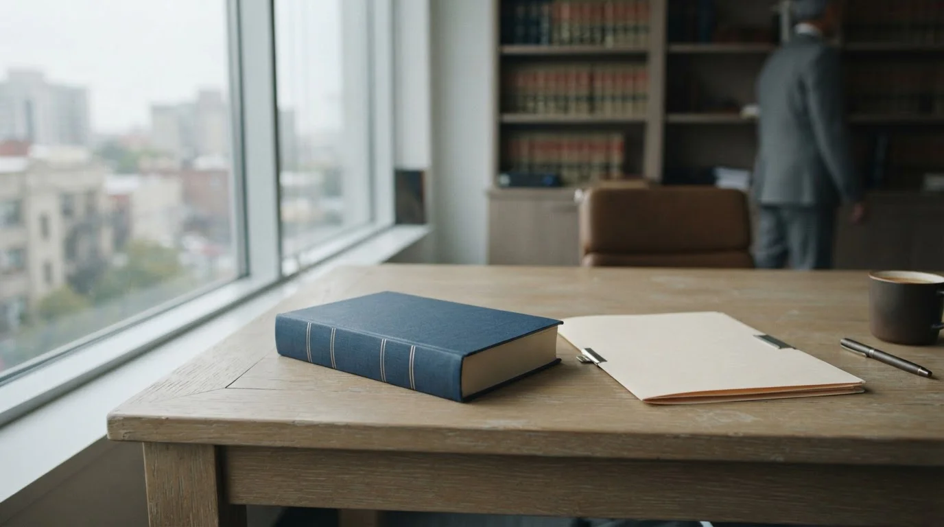 Volumen legal cerrado y carpeta de documentos sobre un escritorio claro