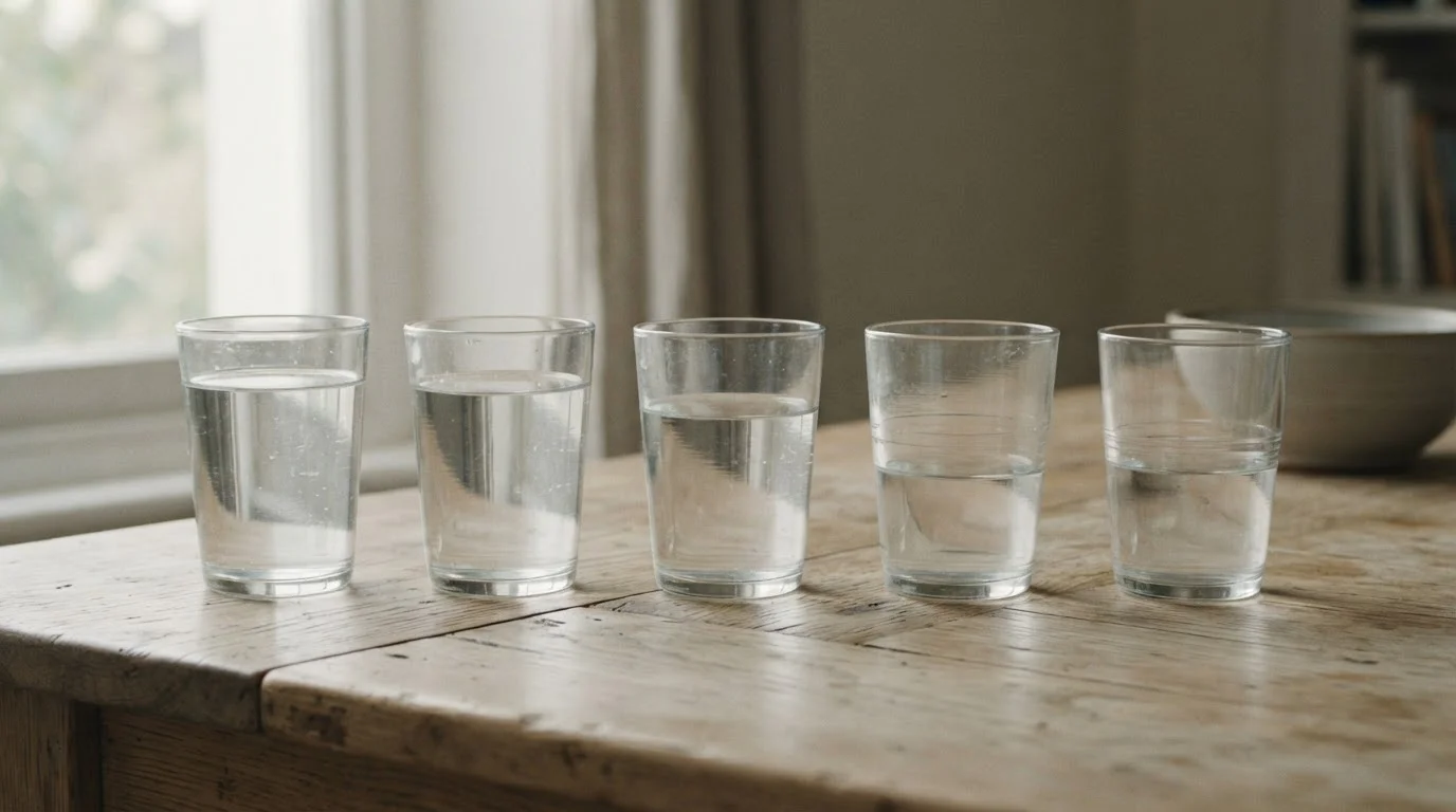 Fila de vasos con el nivel de agua cada vez más bajo