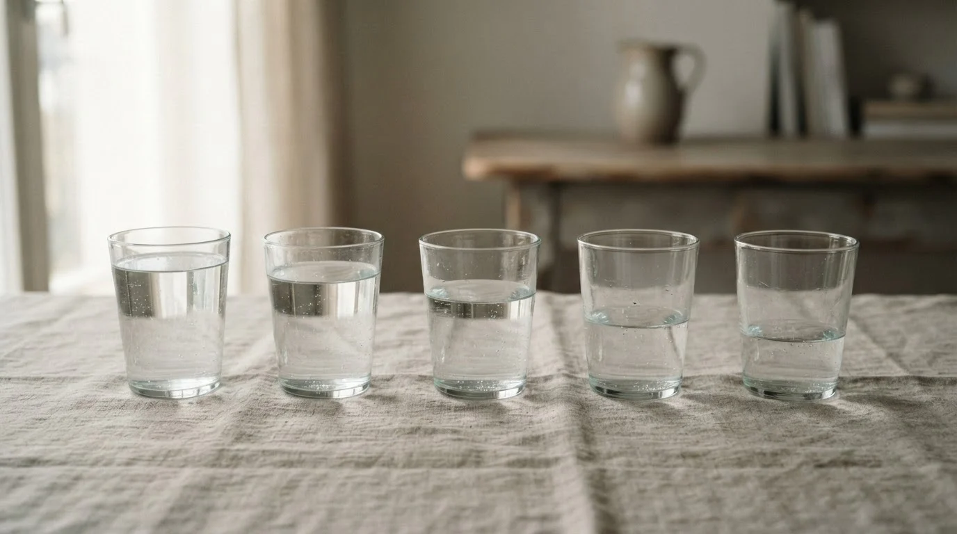 Cinco vasos de agua en fila, cada uno con algo menos que el anterior