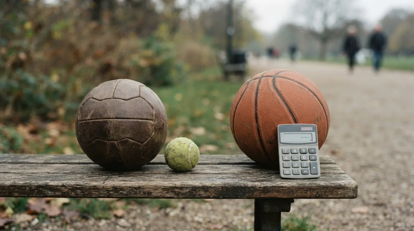 Balón de fútbol, pelota de tenis y balón de baloncesto junto a una calculadora