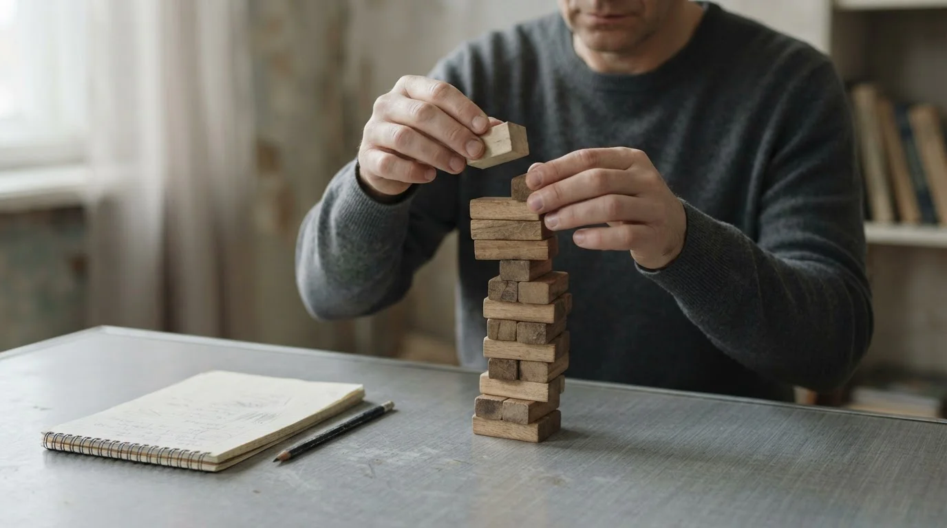 Manos colocando bloques de madera sobre una torre estrecha e inestable