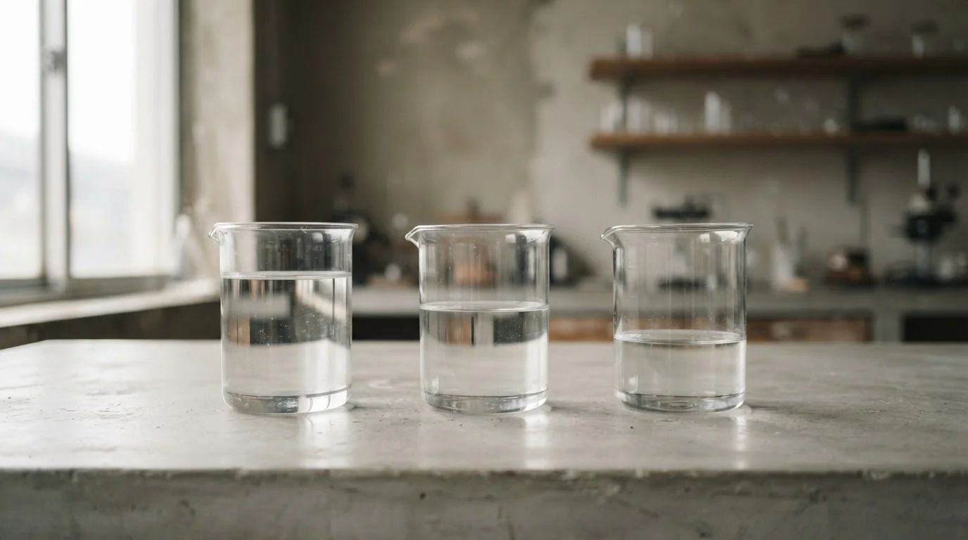 Tres vasos de vidrio en fila, cada uno con menos agua que el anterior