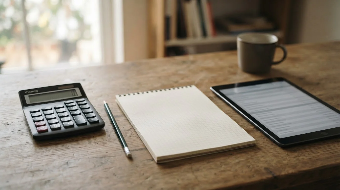 Calculadora y cuaderno junto a una tableta con filas de datos sin nombre